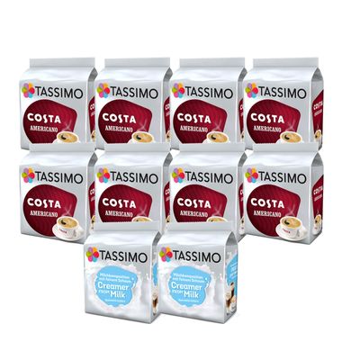 Tassimo Costa Coffee Bundle - Costa Americano/Milk Creamer - 10 Packs (128 Drinks)