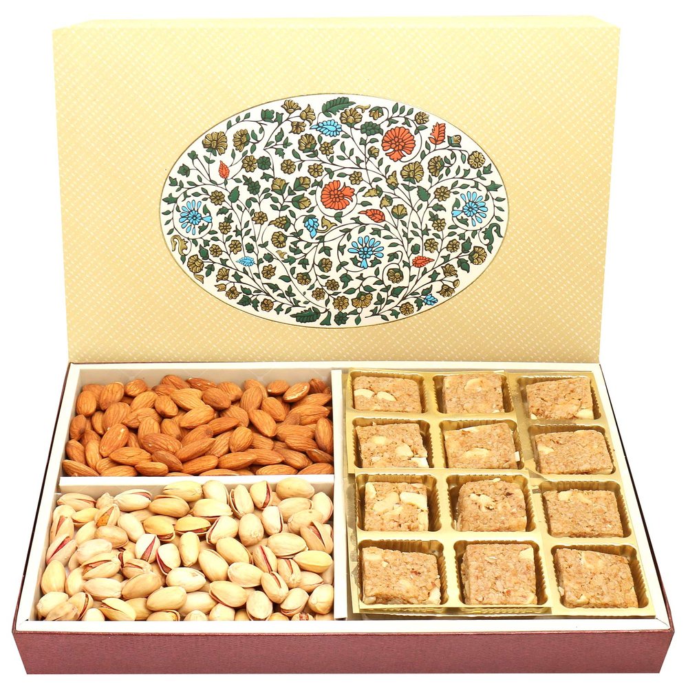 Ghasitaram Gifts Valentines Gift for Girlfriend / Boyfriend / Husband and Wife - Healthy Hampers - Eco Print 4 Part 12 Pcs Granula Bites,Almonds and Pistachios Hamper Box