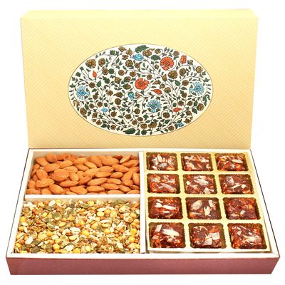 Ghasitaram Gifts Valentines Gift for Girlfriend / Boyfriend / Husband and Wife - Healthy Hampers - Eco Print 4 Part 12 Pcs Sugarfree Dates and Figs Bites,Almonds and Roasted Namkeen Hamper Box