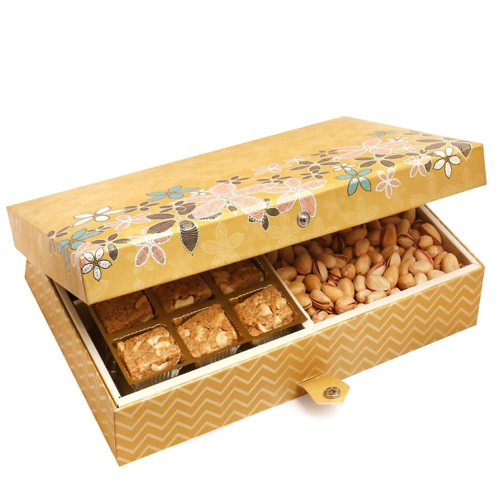 Ghasitaram Gifts Valentines Gift for Girlfriend / Boyfriend / Husband and Wife - Healthy Hampers - 4 Print 12 Pcs Granula Bites,Almonds and Pistachios Hamper Box