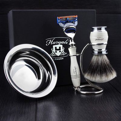 Haryali London Men's Shaving Set with 5 Sided Razor, Silver Tip Badger Brush, Shaving Stand and Shaving Bowl Perfect Shaving Kit