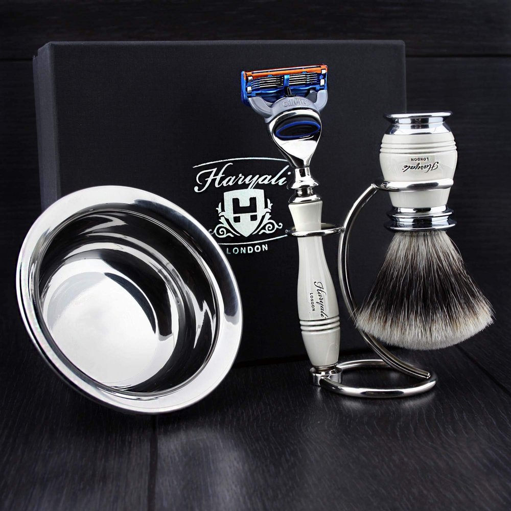 Haryali London Men's Shaving Set with 5 Sided Razor, Silver Tip Badger Brush, Shaving Stand and Shaving Bowl Perfect Shaving Kit