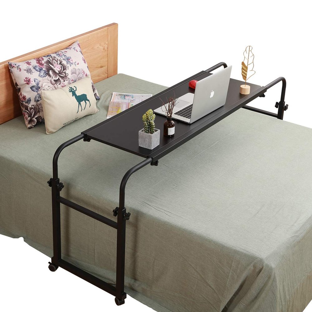 TigerDad Overbed Table with Wheels - End Table - Overbed Desk - Black - 18.1 in x 55.1 in x 25.6 in