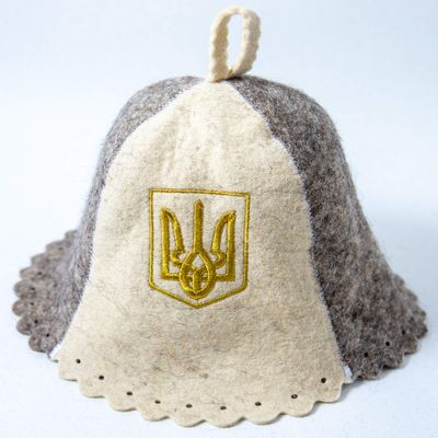 Rushnichok Sauna hat Russian banya - Sauna hat for Men - Sauna hat Wool - Sauna hat to Protect Hair - Russian banya hat - Golden Embroidery Ukrainian Trident Wool Felt Valentines Day Gift