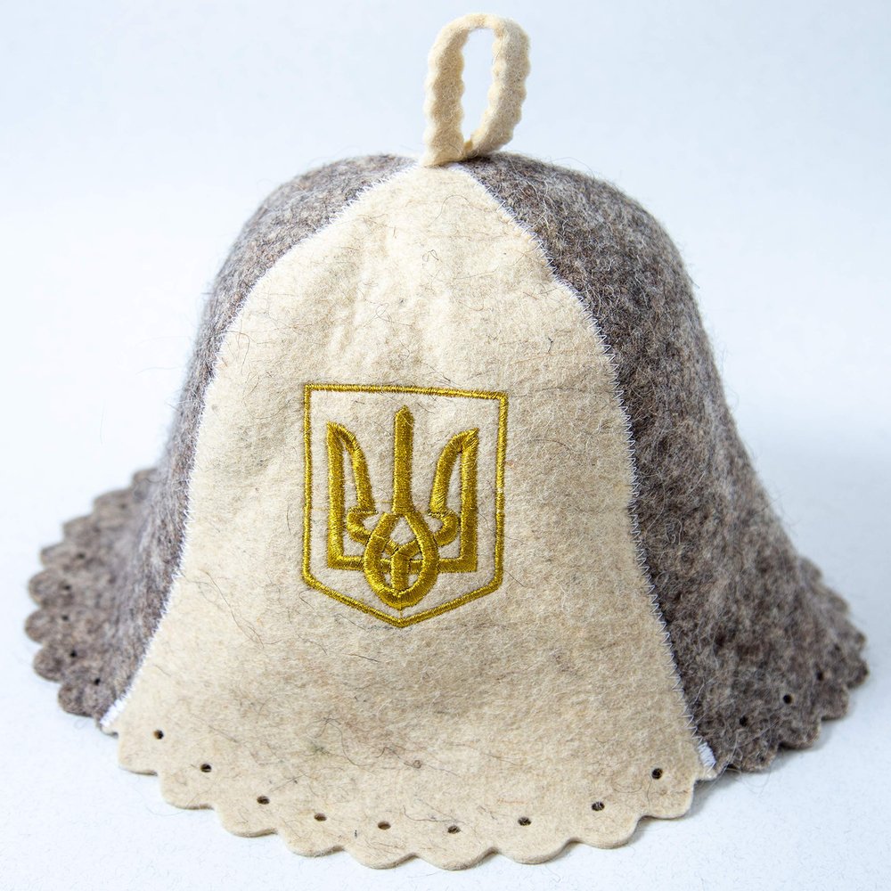 Rushnichok Sauna hat Russian banya - Sauna hat for Men - Sauna hat Wool - Sauna hat to Protect Hair - Russian banya hat - Golden Embroidery Ukrainian Trident Wool Felt Valentines Day Gift