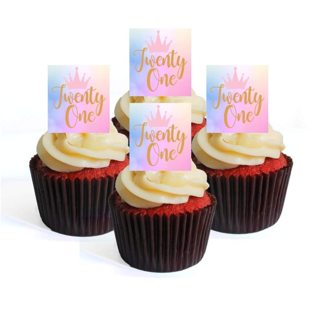 21st Birthday Girl Square Edible Cupcake Toppers - Wafer Cake Disc Decorations (Pack of 24)