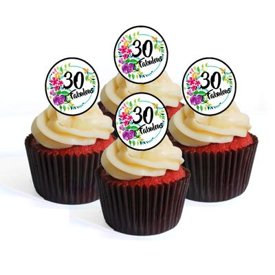 30th Birthday 30 & Fabulous Edible Cupcake Toppers - Wafer Cake Disc Decorations (Pack of 24)