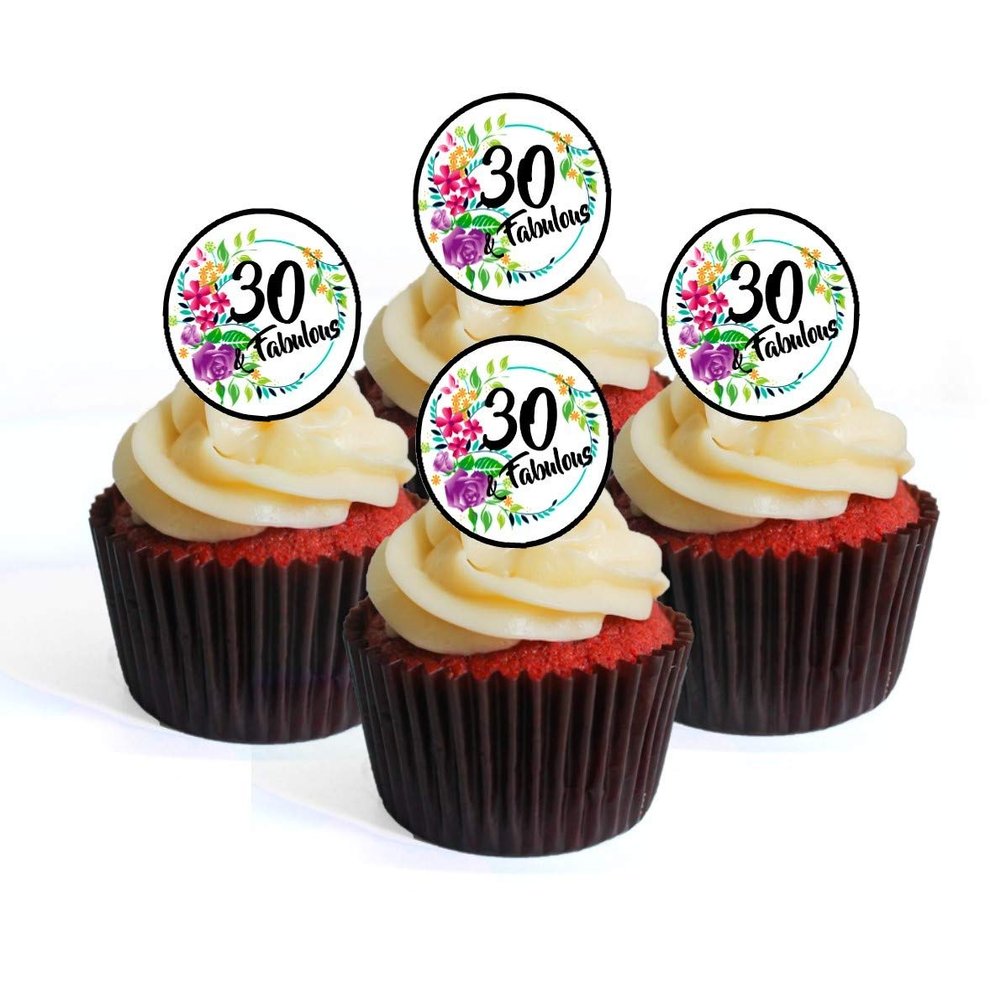 30th Birthday 30 & Fabulous Edible Cupcake Toppers - Wafer Cake Disc Decorations (Pack of 24)