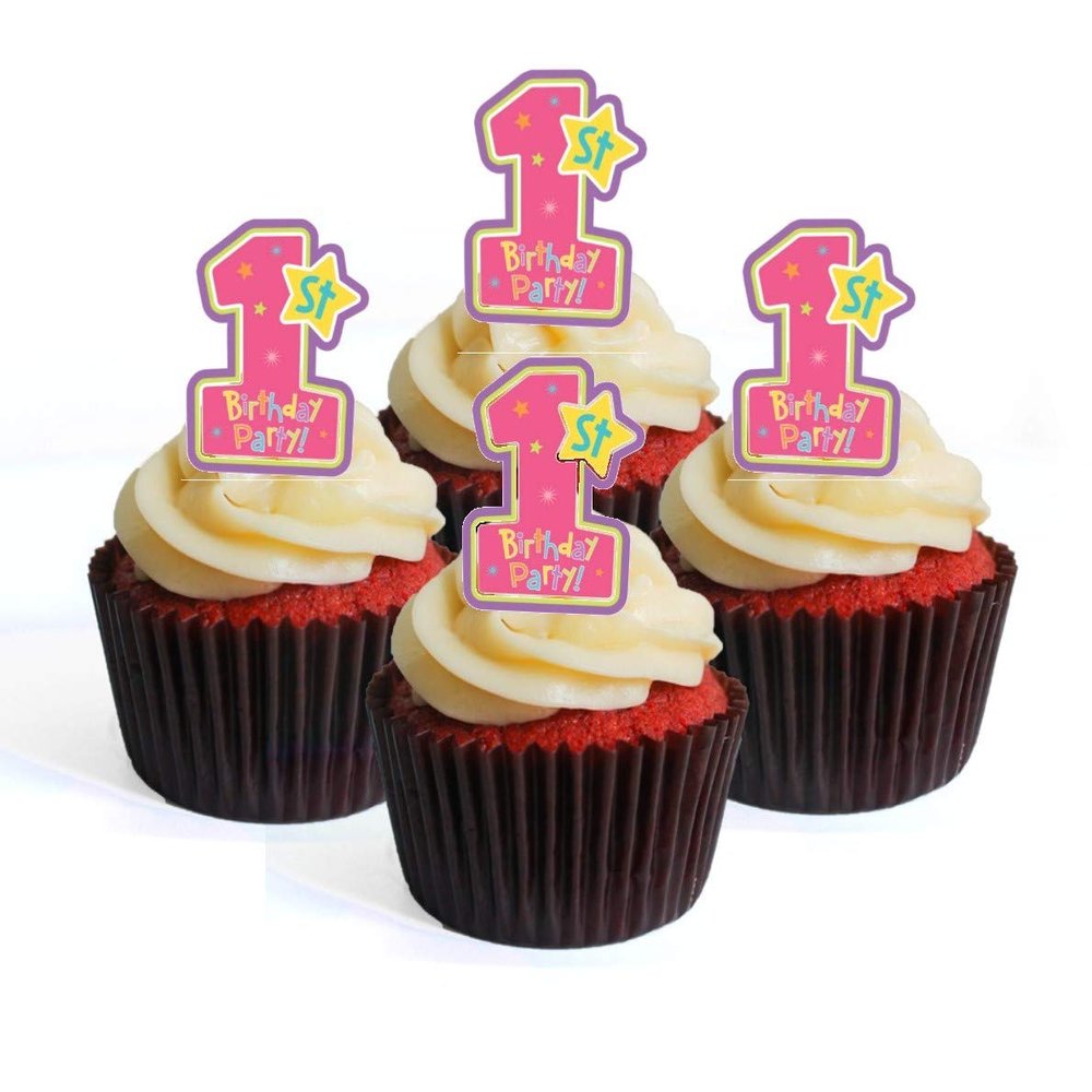 1st Birthday Girl Party Edible Cupcake Toppers - Wafer Cake Decorations (Pack of 12)