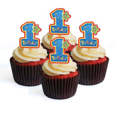 1st Birthday Boy Party Edible Cupcake Toppers - Wafer Cake Decorations (Pack of 24)