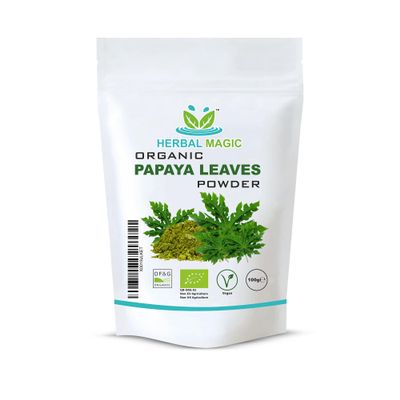 Herbal Magic's Organic Papaya Leaf Powder (Carica Papaya)-Green & Whole Leaves - Most Prized Herb in Ayurveda - Ideal for Smoothies, Baking, soups - Free from Fillers & Preservatives-100gms
