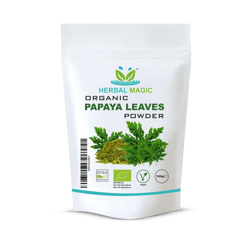 Herbal Magic's Organic Papaya Leaf Powder (Carica Papaya)-Green & Whole Leaves - Most Prized Herb in Ayurveda - Ideal for Smoothies, Baking, soups - Free from Fillers & Preservatives-100gms