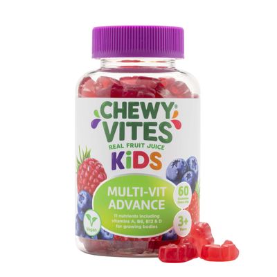Chewy Vites Kids Multivitamin Advance, 60 Kids Vitamins Gummies, 11 Essential Nutrients, 2 Months Supply, Real Fruit Juice, Vegan, Age 3 +, Blueberry and Raspberry Flavour