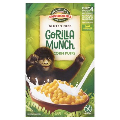 Nature's Path Organic Gluten Free Cereal, EnviroKidz Gorilla Munch Corn Puffs Cereal, Pack of 4 x 300g
