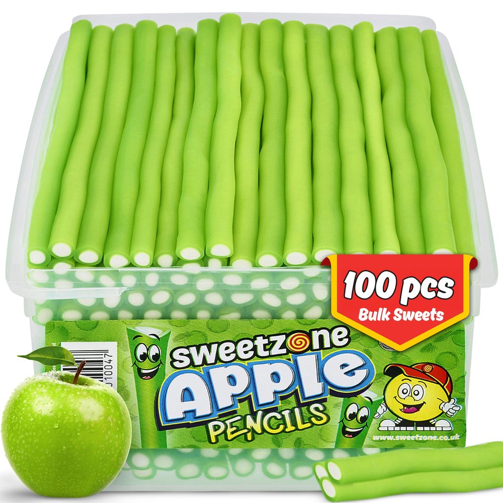 Sweetzone Apple Pencils Sweets Tub, Pencil Sweets, 100 pc, Halal Sweet, American Gum, British Candy, Sweet Pie, Licorice Candies, Liquorice Allsorts, Irresistible for Candy Lovers