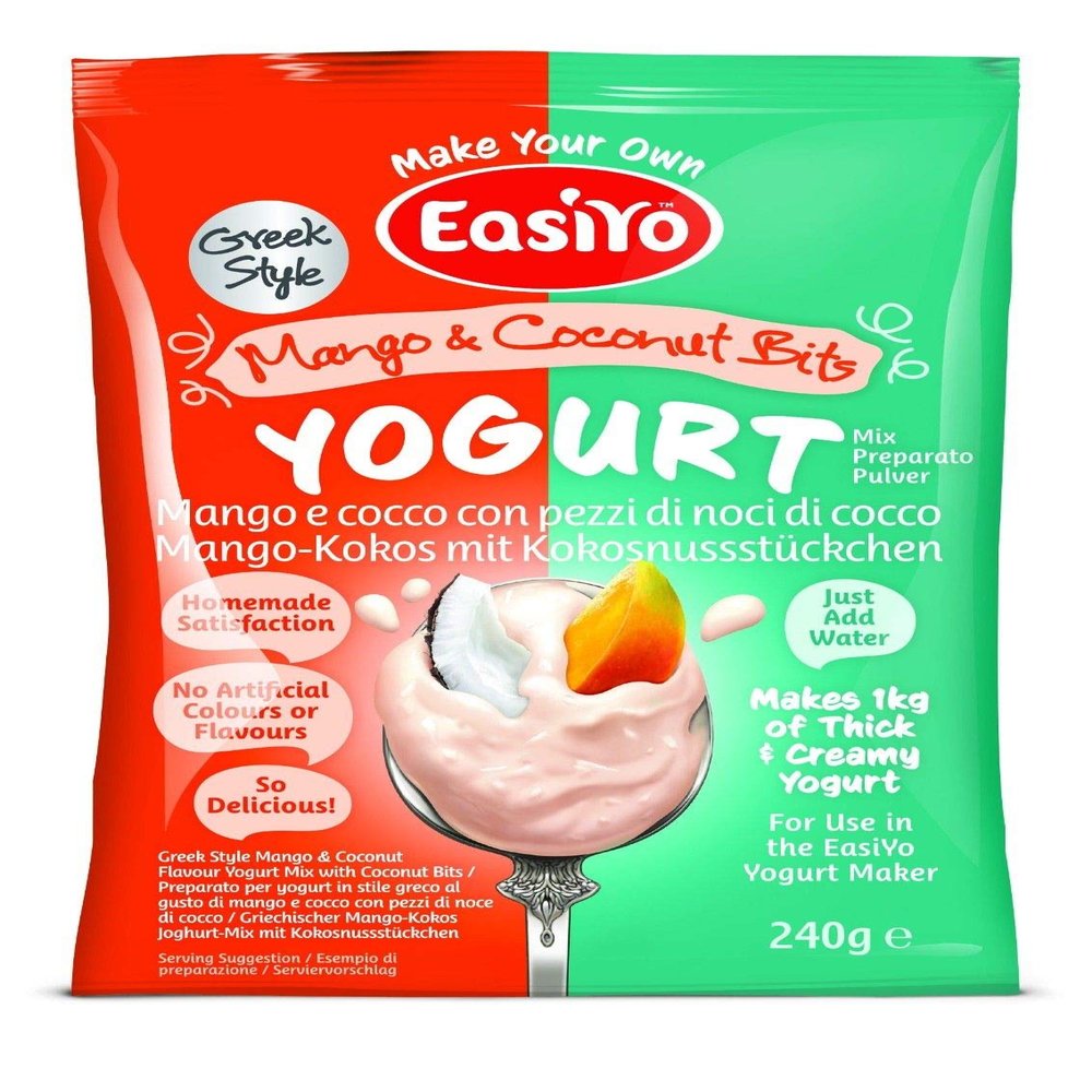 Easiyo Greek Mango & Coconut Flavoured Yogurt Sachet 240g Makes 1 Litre Home Made Yoghurt Homemade
