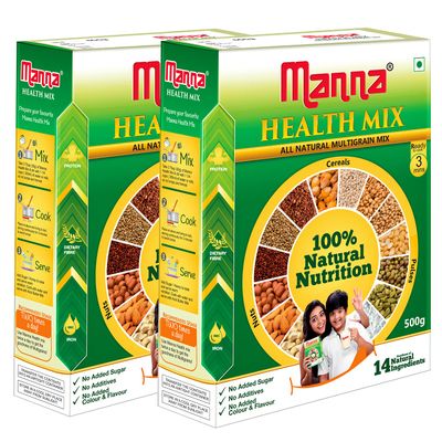 Manna Health Mix | 100% Natural Multigrain Nutrition Drink for Kids | Multi Millet Health Drink Mix Powder 1kg (500g x 2 Packs) | 14 Natural Ingredients