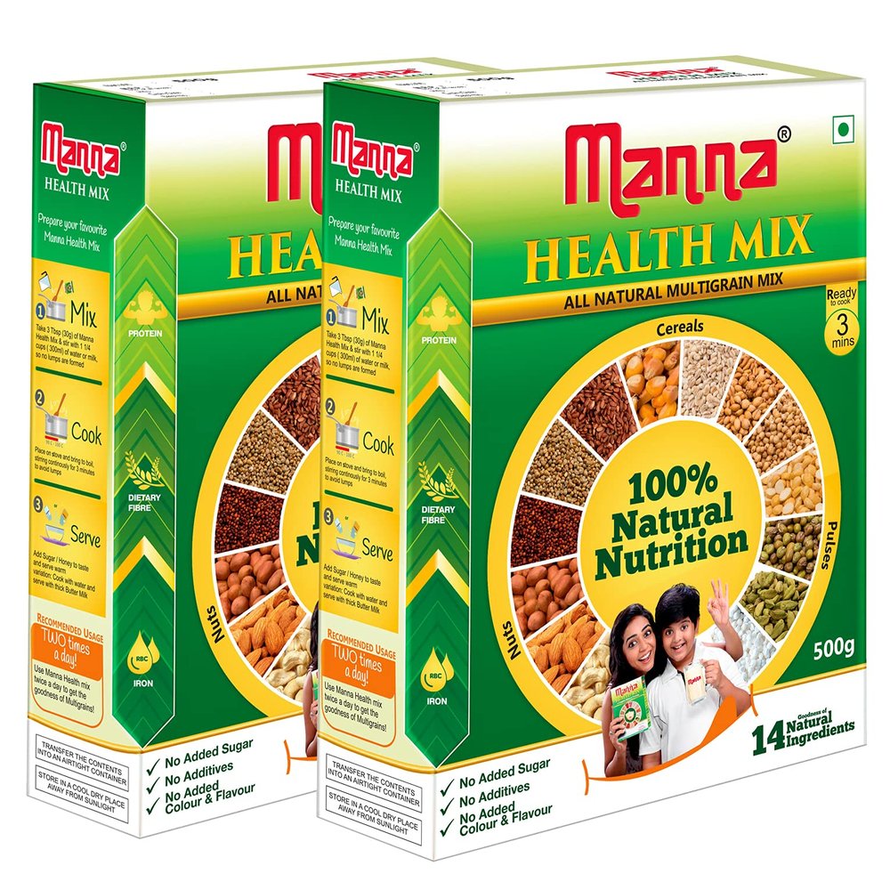 Manna Health Mix | 100% Natural Multigrain Nutrition Drink for Kids | Multi Millet Health Drink Mix Powder 1kg (500g x 2 Packs) | 14 Natural Ingredients