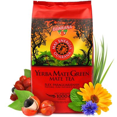 Yerba Mate Green "Mas Energia Guarana" Brazilian Mate Tea 1000g | Fruity Tea | With Guarana, Mint Leaf, Lemongrass, Cornflower Flowers, Calendula Petals & Mango Aroma