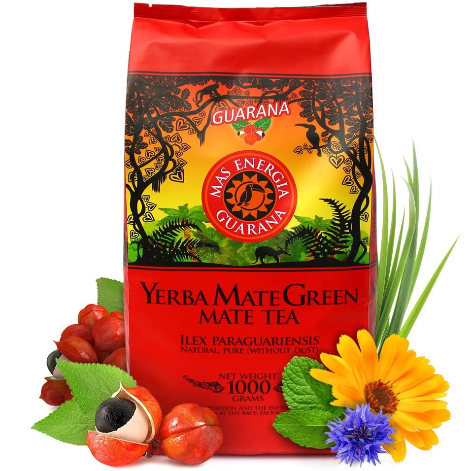 Yerba Mate Green "Mas Energia Guarana" Brazilian Mate Tea 1000g | Fruity Tea | With Guarana, Mint Leaf, Lemongrass, Cornflower Flowers, Calendula Petals & Mango Aroma