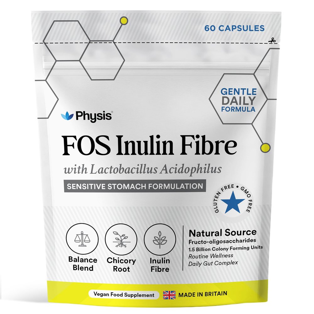 Physis FOS Inulin Fibre with Lactobacillus Acidophilus | Chicory Root Inulin & Live Bacterial Cultures | Gentle Daily Formula for Sensitive Stomachs | 60 x Vegan Gut Wellness Capsules | Made in UK