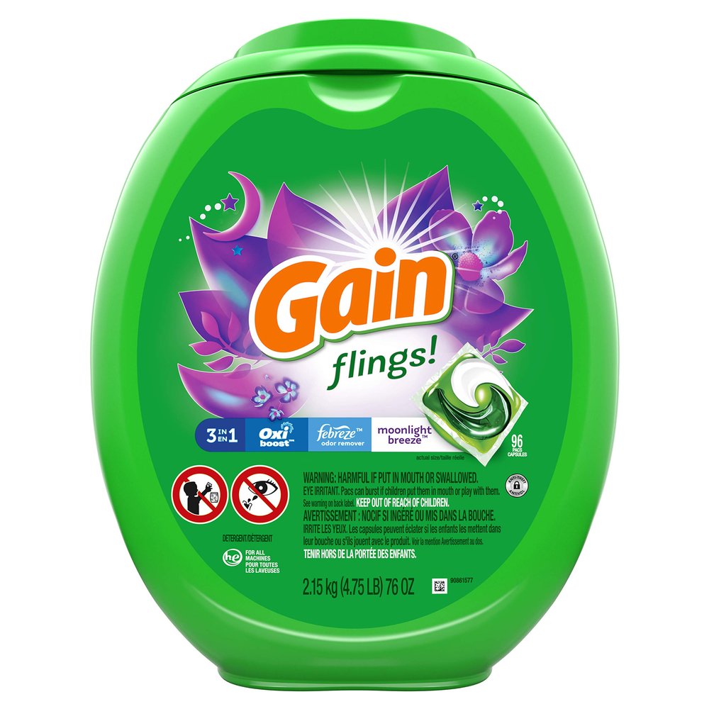 Gain Flings! Liquid Laundry Detergent Pacs, Moonlight Breeze, 96 Count