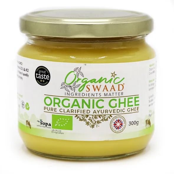 Great Taste 2020 Winner - Organic Certified - Grass Fed Cows  English Ayurvedic Clarified Ghee by Organic Swaad 300g