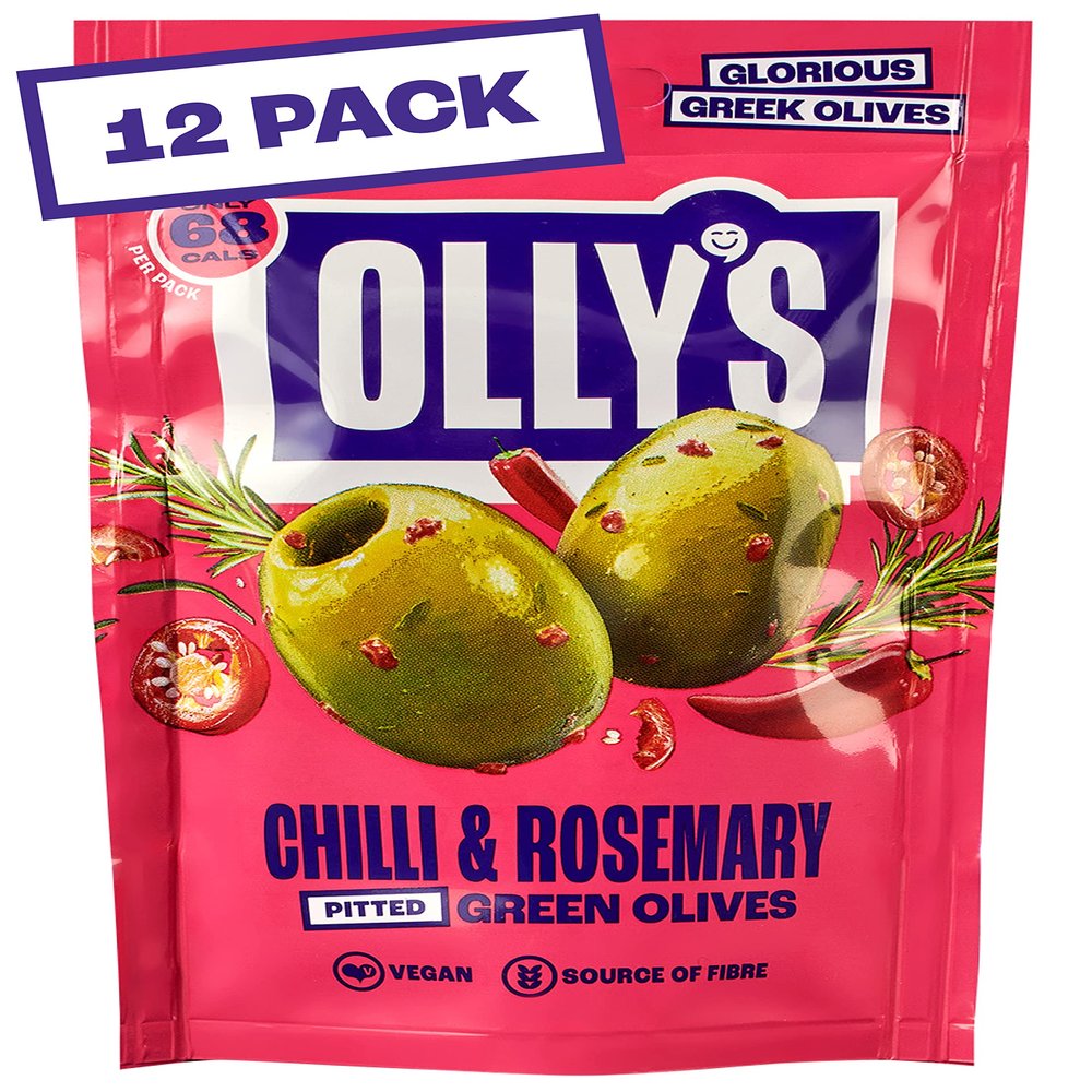 Olly's Olives, Chilli & Rosemary, 50 g (Pack of 12), 100% Natural Ingredients, Handy Snack Pouches, Healthy Vegan Snacks, Low Calorie, Source of Fibre, No Preservatives, Gluten Free