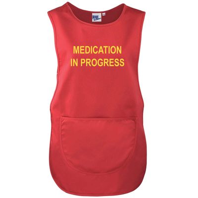 Workwear World 'Medication in Progress' Front/Back Printed Text Medical Care Home Tabard (Red with Yellow Print, L)