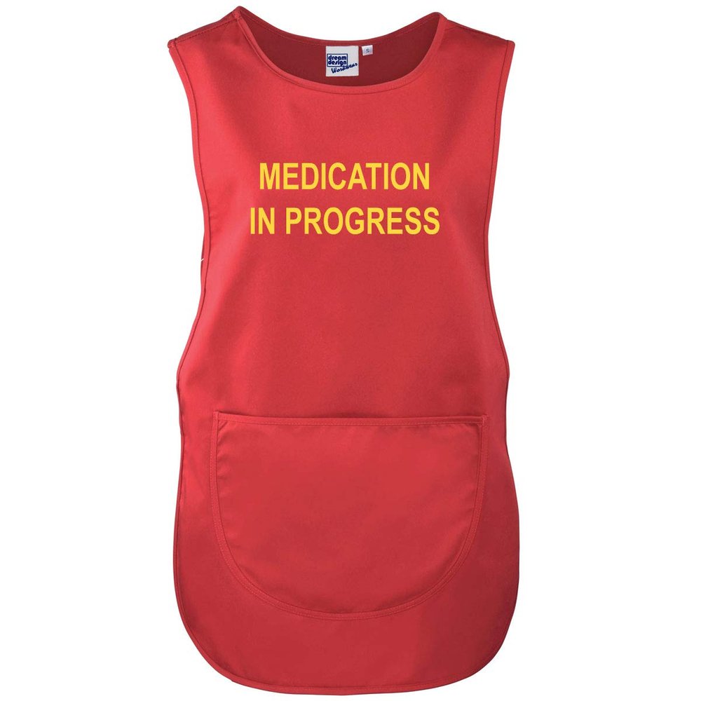 Workwear World 'Medication in Progress' Front/Back Printed Text Medical Care Home Tabard (Red with Yellow Print, L)