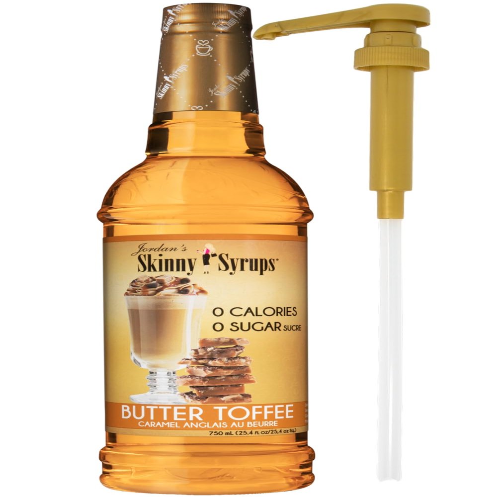 Jordan's Skinny Syrups Sugar Free Butter Toffee Coffee Syrup 750 mL Bottle with By The Cup Syrup Pump
