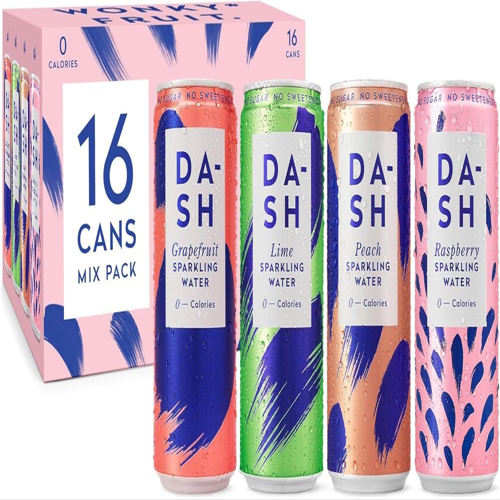 DASH Water Mixed Pack x 16 Flavoured Sparkling Spring Water Raspberry, Lime, Grapefruit, Peach Infused with Wonky Fruit (16 x 330ml cans)
