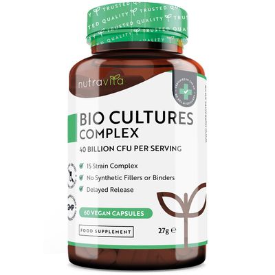 Nutravita Super Strength 40 Billion CFU Bio Cultures Complex with 15 Live Strains Advanced Multi Strain Formula Vegan Capsules Digestive Enzyme Supplement for Men & Women