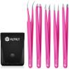 Alfaly Tweezers Set - Professional Stainless Steel 5-Piece Precision Tweezer for Men & Women - Great for Facial Hair Removal, Eyebrow Shaping, Splinters & Ingrown (Pink) view 1