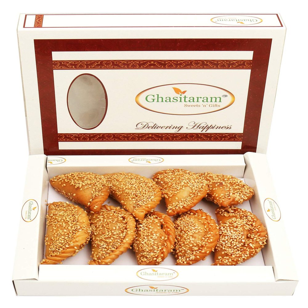 Ghasitaram Gifts Holi Sweets, Holi Gifts, Holi Hamper Roasted Til/Sesame Gujiya 400 GMS
