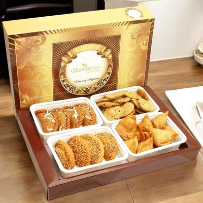 Holi Hampers:Big Box of Traditioal Gujiyas, Til/ Sesame Gujiyas, Farsan Samosas and Methi Mathi Hamper