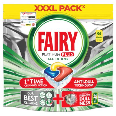 Fairy Platinum 84 Capsules Lemon Dishwasher Tablets - Sparkling Clean Dishes, Fast Dissolving, User-Friendly, Prevents Grease Accumulation, Economy Pack