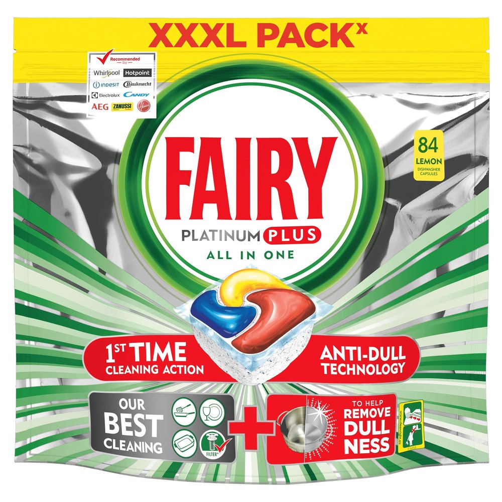 Fairy Platinum 84 Capsules Lemon Dishwasher Tablets - Sparkling Clean Dishes, Fast Dissolving, User-Friendly, Prevents Grease Accumulation, Economy Pack