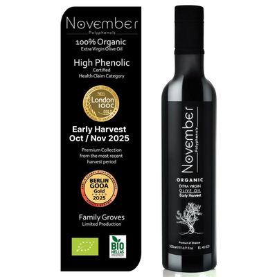 November Polyphenols Olive Oil Extra Virgin - Organic High Phenolic EVOO  Early Harvest  Lab Certified +1200mg/kg High Polyphenol  Cold Pressed Extra Virgin  Greek  500ml Bottle