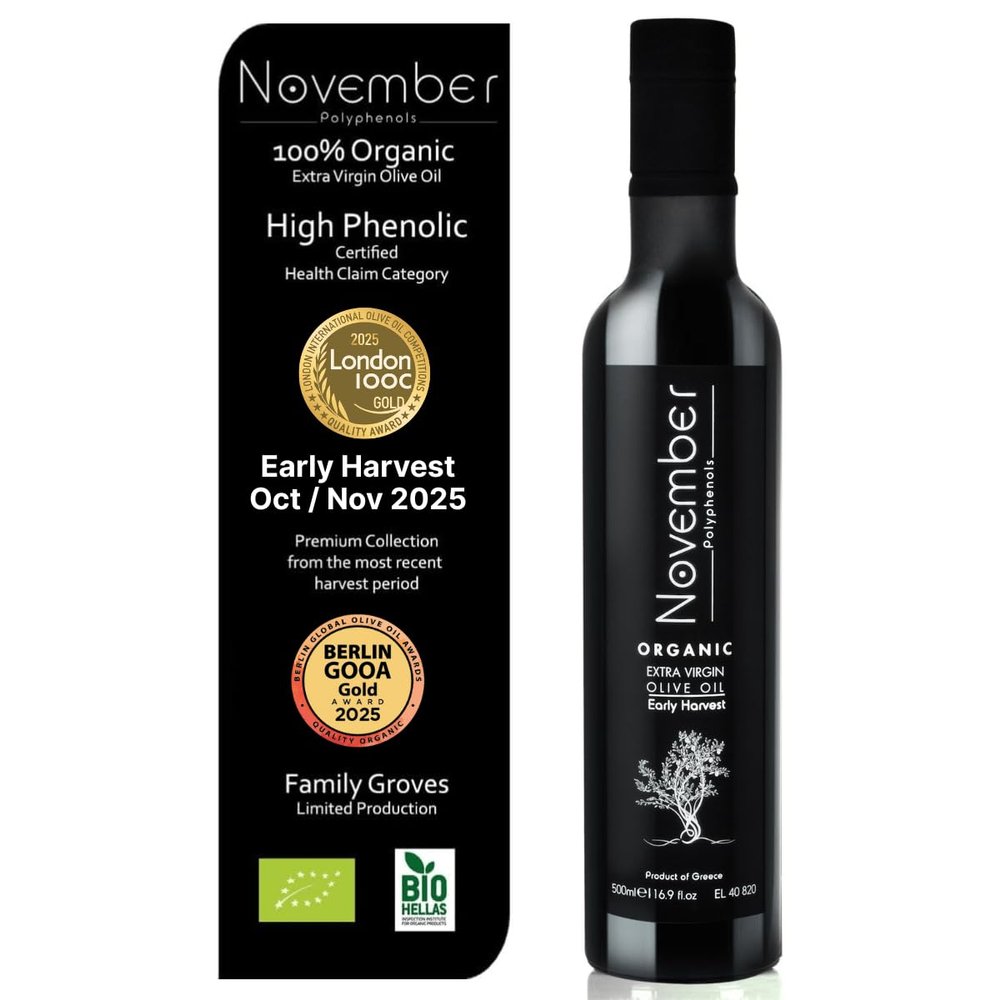 November Polyphenols Olive Oil Extra Virgin - Organic High Phenolic EVOO  Early Harvest  Lab Certified +1200mg/kg High Polyphenol  Cold Pressed Extra Virgin  Greek  500ml Bottle