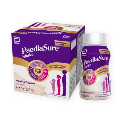 PaediaSure Shake Ready-To-Drink Bottles, 4 x 200ml, Vanilla Flavour, Supplement for Kids with 26 Vitamins & Minerals, Vitamin D, Iron & Protein, Supports Kids Healthy Growth & Immunity