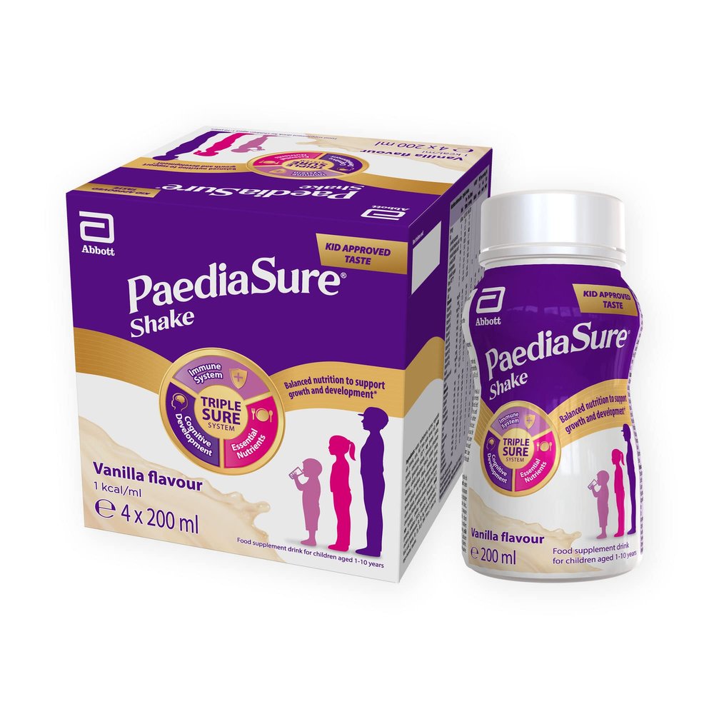PaediaSure Shake Ready-To-Drink Bottles, 4 x 200ml, Vanilla Flavour, Supplement for Kids with 26 Vitamins & Minerals, Vitamin D, Iron & Protein, Supports Kids Healthy Growth & Immunity