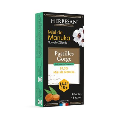 8 pastilles gorge 97,5% miel de Manuka arme eucalyptus