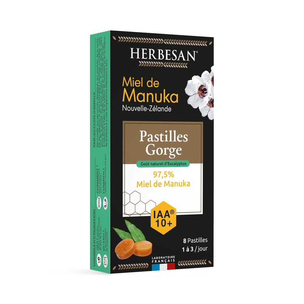 8 pastilles gorge 97,5% miel de Manuka arme eucalyptus