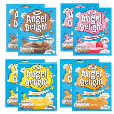 Angel Delight  8 x 59g of 4 Angel Delight Flavours  2x Strawberry Angel Delight, 2x Butterscotch Angel Delight, 2x Banana Angel Delight and 2x Chocolate Angel Delight  Suitable for Vegetarians