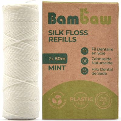 Bambaw Silk Floss Refill, Non Plastic Dental Floss, Eco Floss, Mint Dental Floss Tape, 2x50 Meter Refill