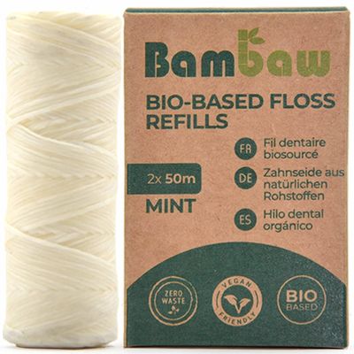 Bambaw Dental Floss | Mint Green Floss | Candelilla Wax | Zero Waste Dental Floss | Refillable Box (Vegan Floss - 2 Refills)