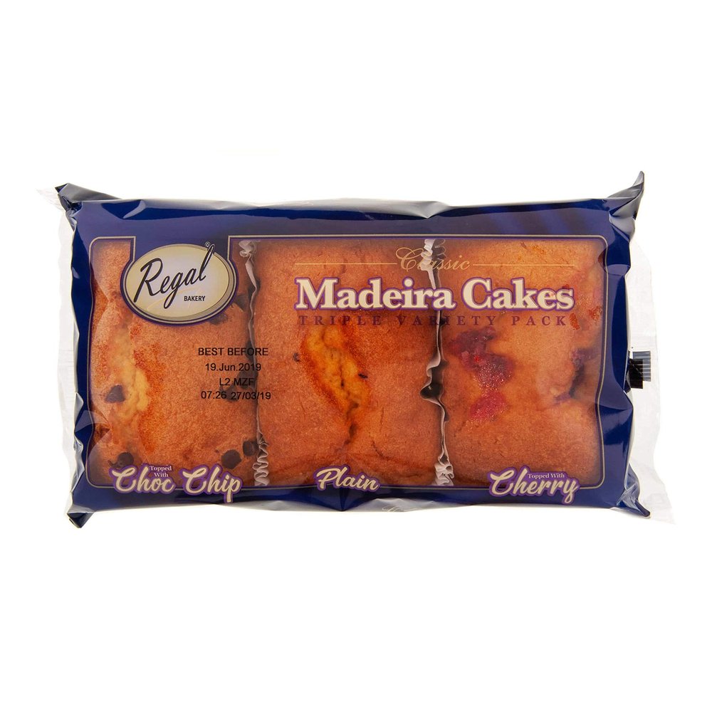 Regal Bakery Triple Pack Madeira - Soft Sponge Loaf Cake - Golden Delight Madeira | Vanilla, Cherry and Chocolate Chip Flavour- Baked to Perfection | Sweet Treat for Family