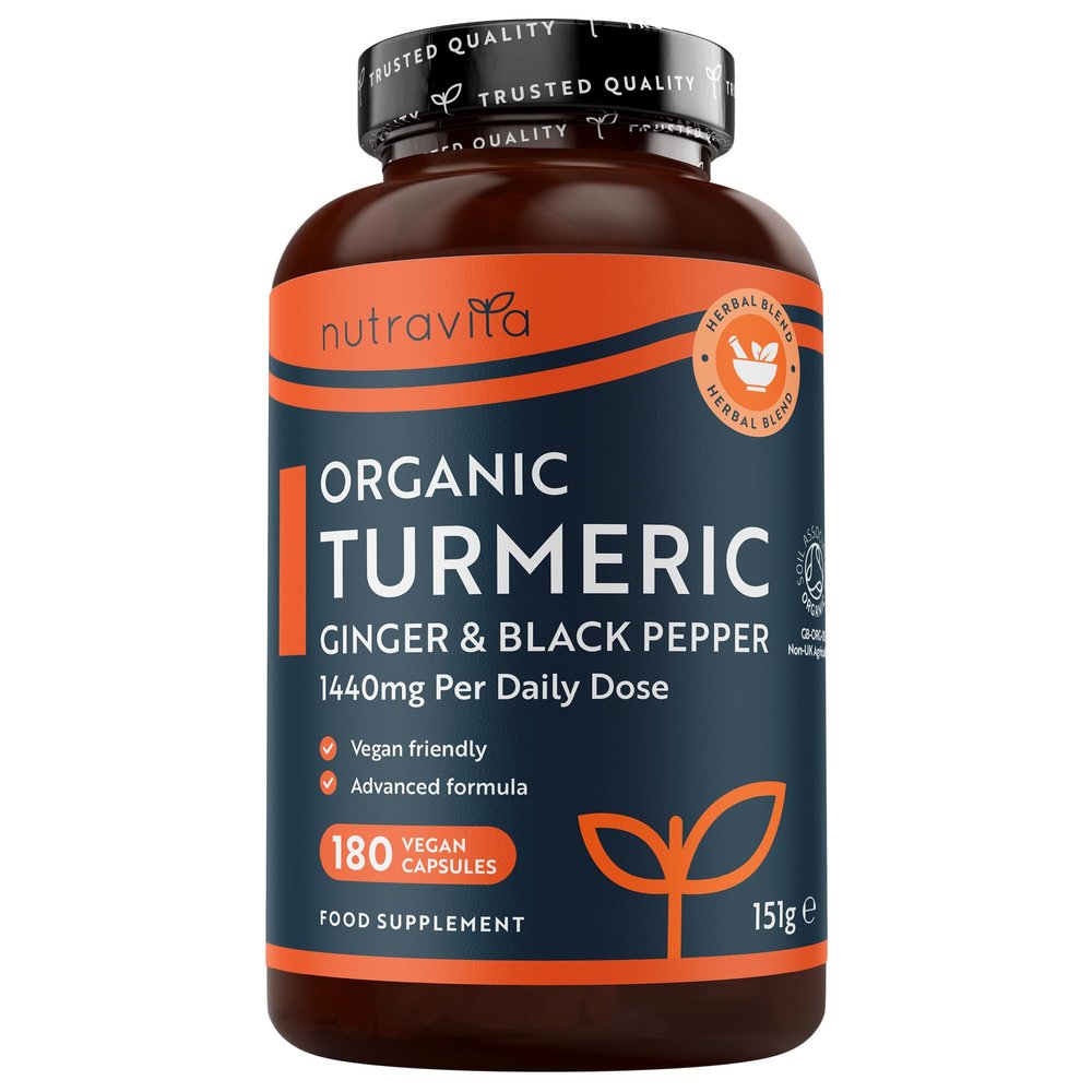 Nutravita Organic Turmeric 1440mg (High Strength) with Black Pepper & Ginger - 180 Vegan Turmeric Capsules (3 Month Supply) Organic Termeric with Active Ingredient Curcumin - Made in The UK