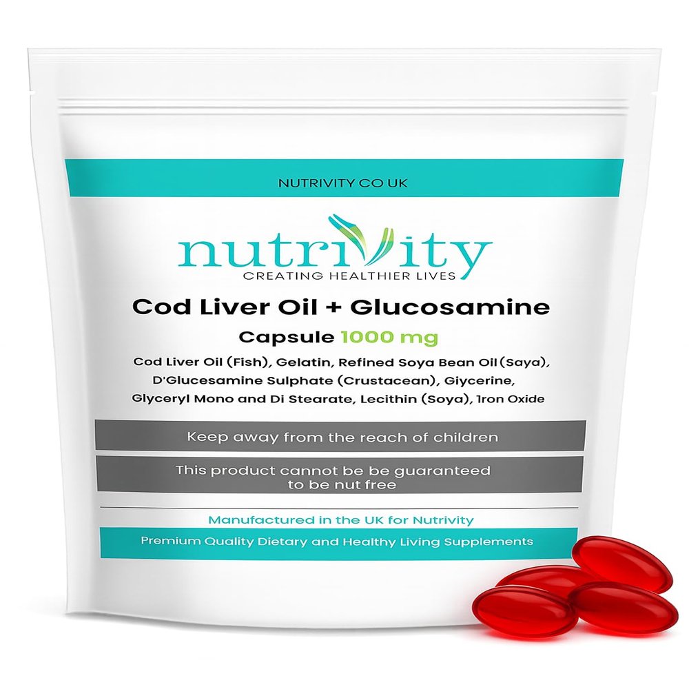 Nutrivity Cod Liver Oil 1000mg High Strength 120 Capsules for Joint Health, High Strength Omega-3 Fish Oil Rich in EPA & DHA Cod Liver Capsules with Glucosamine, UK Made